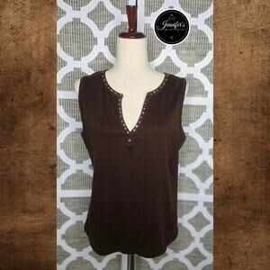 3/$25 Jason Maxwell Brown with Gold & Silver Studded Split Neck Sleeveless Top L